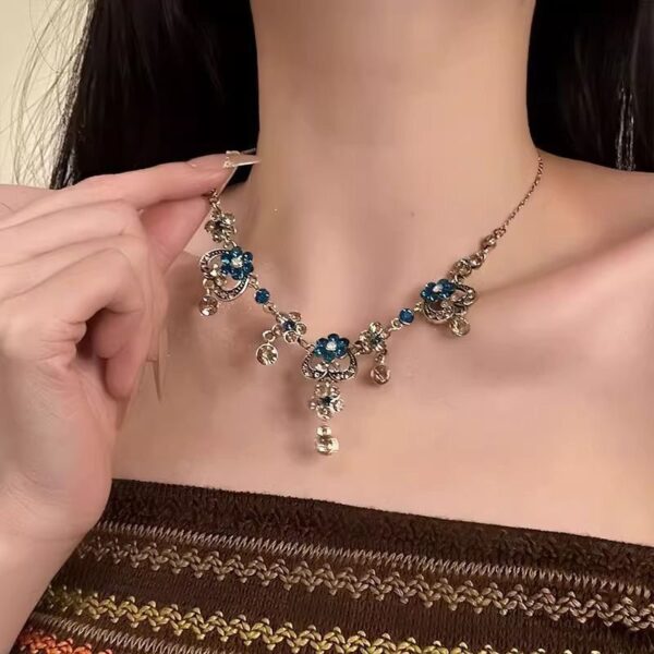 Heart-Shaped Flower Pendant Necklace, Heavily Aged Collarbone Chain - Image 2