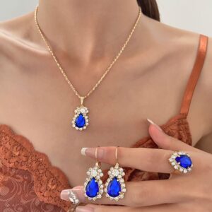 Blue Cyrstal Ring Necklace Earrings Set Wedding Jewelry Sets For Brides Pendant Earrings For Girls Women African Jewelry Sets