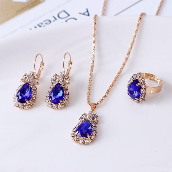 Blue Cyrstal Ring Necklace Earrings Set Wedding Jewelry Sets For Brides Pendant Earrings For Girls Women African Jewelry Sets - Image 3