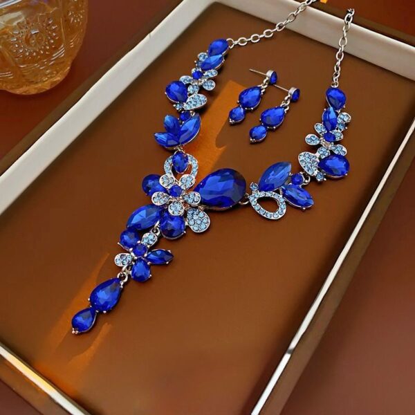 2pcs/set Jewelry Sets Women Blue Elegant Waterdrop Rhinestone Pendant Necklace stud Earrings Wedding Dress Bridal Jewelry Set - Image 3