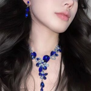 2pcs/set Jewelry Sets Women Blue Elegant Waterdrop Rhinestone Pendant Necklace stud Earrings Wedding Dress Bridal Jewelry Set