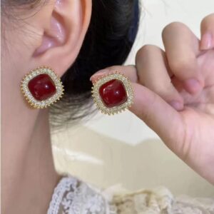 Elegant Red Stone Zircon Stud Earrings for Women Girls Fashion Ear Accessories Gifts party