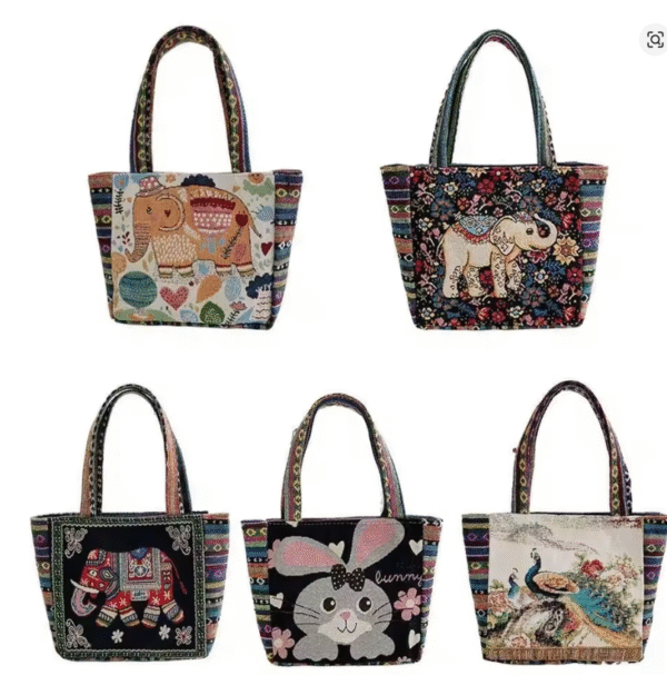1Pcs Animal Ethnic Style Handbag Trendy Embroidery Elephant Peacock Handbag Rabbit Canvas Tote Bag Storage Bag