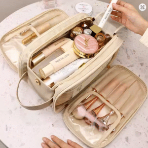 Multifunctional Makeup Bag For Women PU Leather Large Capacity Portable Double Zipper Travel Makeup Brush Toiletries Storage Bag