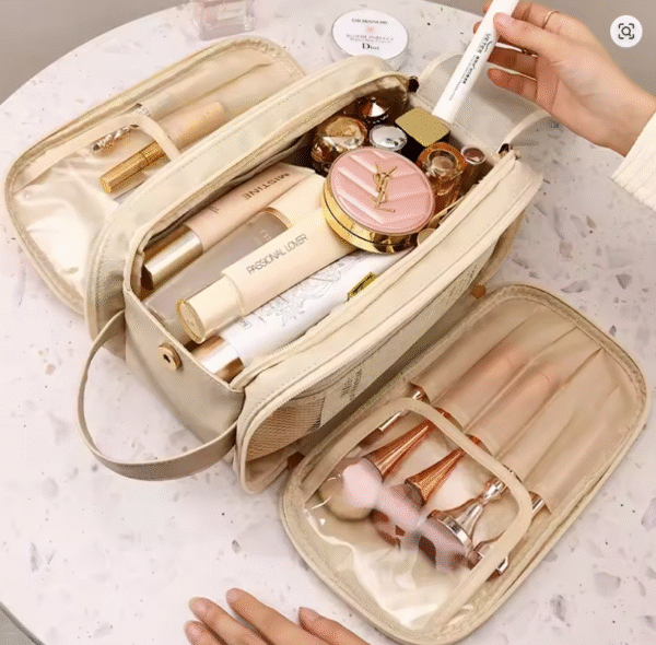 Multifunctional Makeup Bag For Women PU Leather Large Capacity Portable Double Zipper Travel Makeup Brush Toiletries Storage Bag