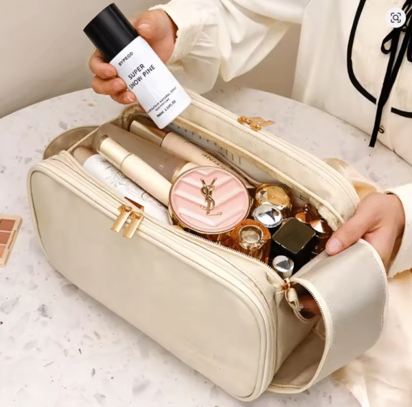Multifunctional Makeup Bag For Women PU Leather Large Capacity Portable Double Zipper Travel Makeup Brush Toiletries Storage Bag - Image 3