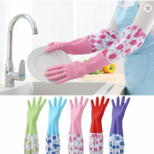 1 Pair Long Sleeves Dishwashing Glove Bundle Mouth Flower Print Pattern Cleaning Glove Velvet Lining Waterproof Rubber Glove