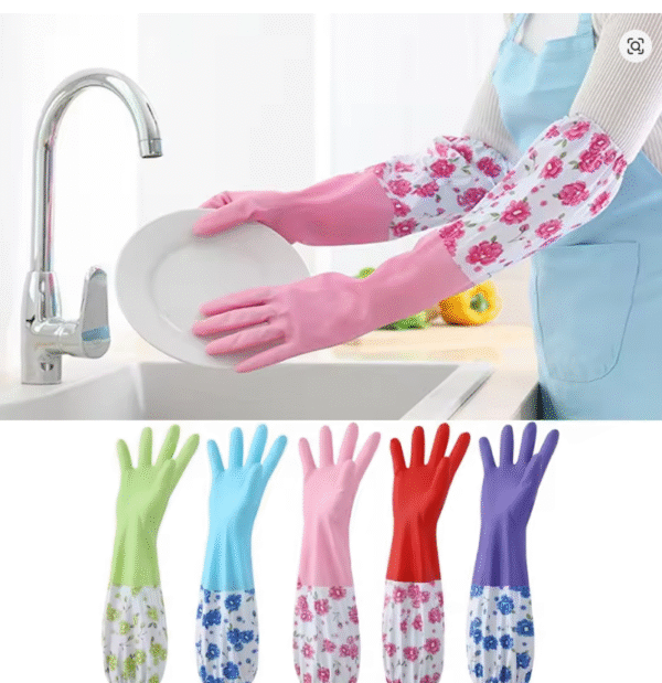 1 Pair Long Sleeves Dishwashing Glove Bundle Mouth Flower Print Pattern Cleaning Glove Velvet Lining Waterproof Rubber Glove