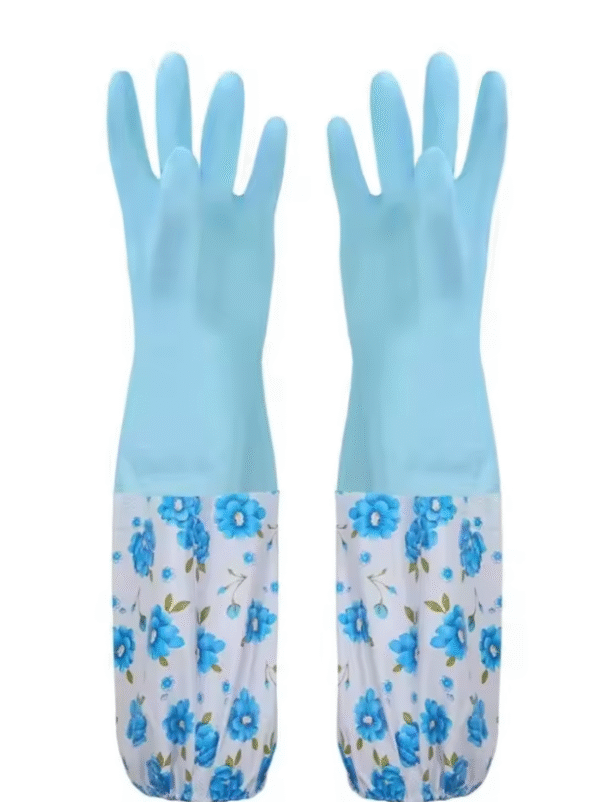1 Pair Long Sleeves Dishwashing Glove Bundle Mouth Flower Print Pattern Cleaning Glove Velvet Lining Waterproof Rubber Glove - Image 4