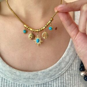 Stainless Steel Necklace with Tree of Life and Turquoise Charms - Gold