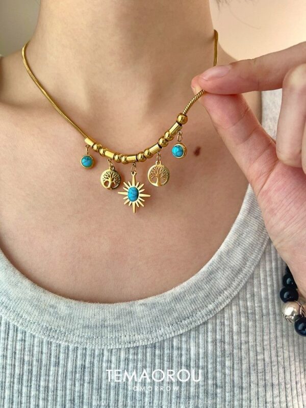 Stainless Steel Necklace with Tree of Life and Turquoise Charms - Gold