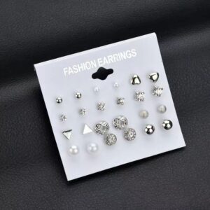 Classic 12Pairs Cubic Zirconia Stud Earrings Set For Women Silver Color Round Heart Crystal Rhinestone Earrings Brinco Jewelry