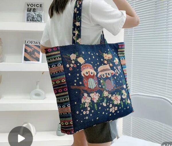 1Pcs Animal Ethnic Style Handbag Trendy Embroidery Elephant Peacock Handbag Rabbit Canvas Tote Bag Storage Bag - Image 3