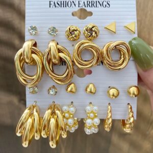 New Fashion Geometry Heart Pearl Gold Plated Big Hoop Stud Earrings Set for Women Jewelry Party Gift